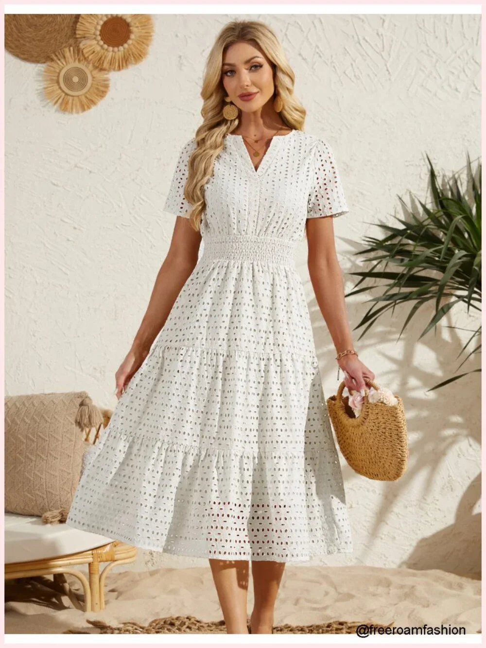 Eyelet Short Sleeve Midi Dress Smocked V Neck Hollow Out Casual Dress with
